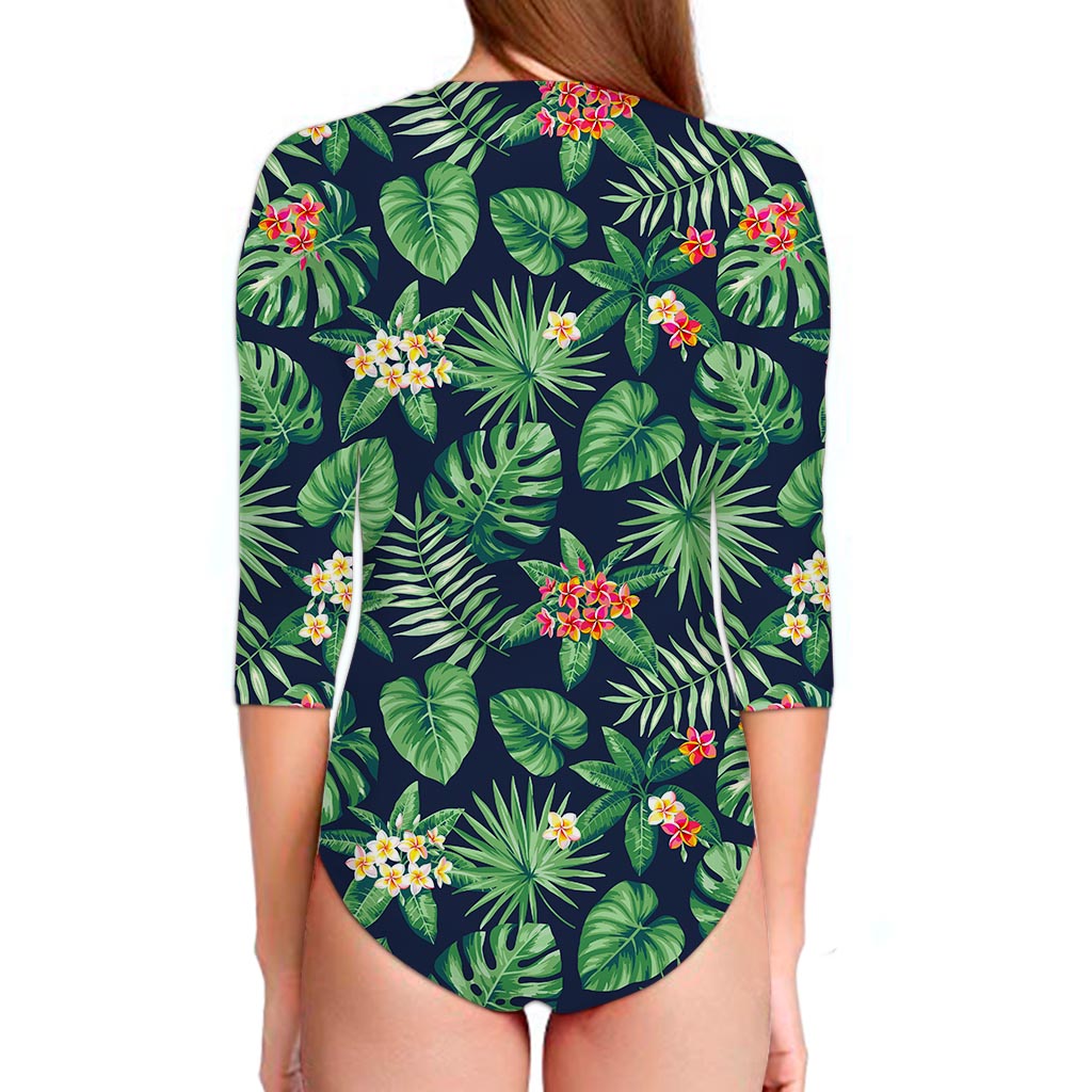 Hawaiian Tropical Leaves Pattern Print Long Sleeve Swimsuit