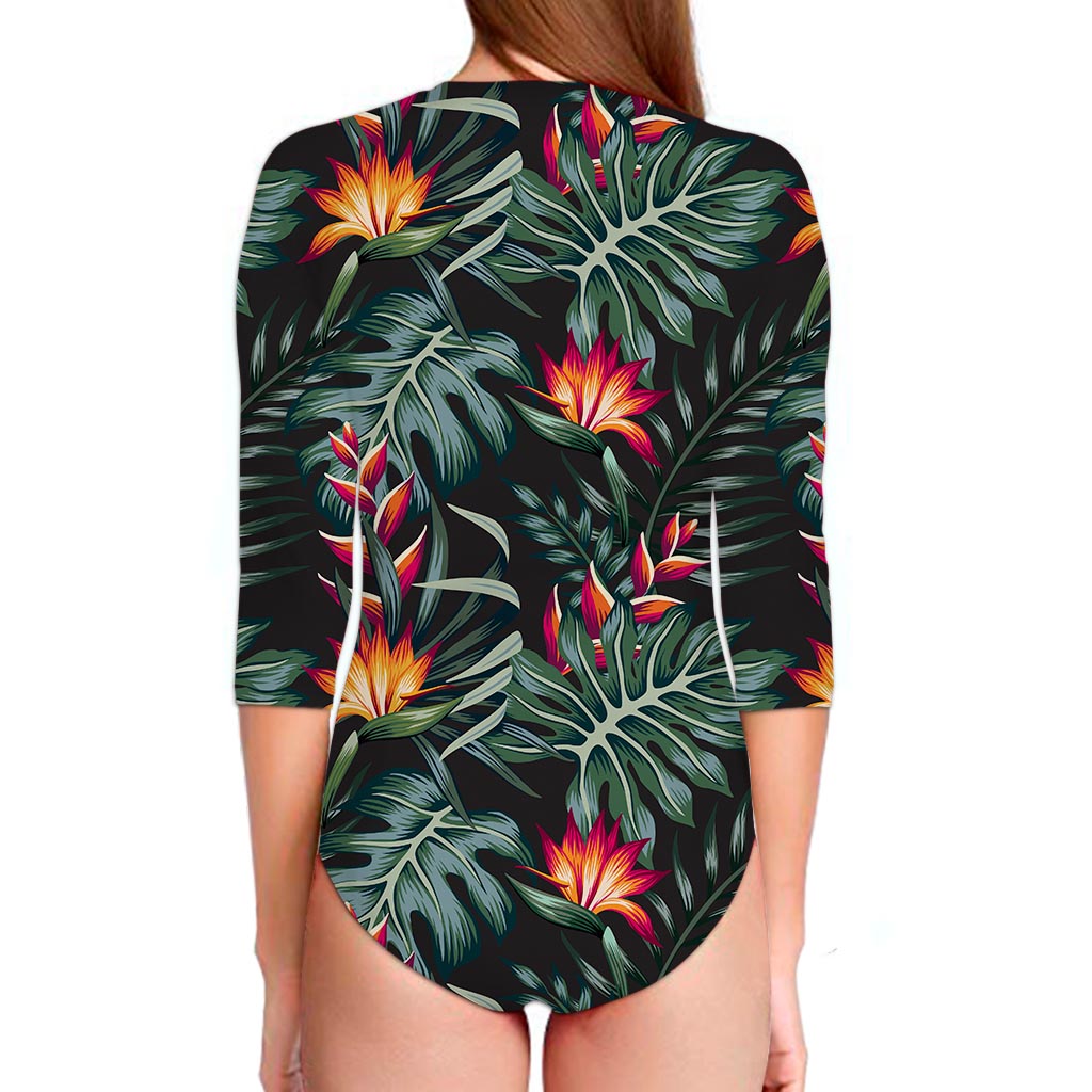 Hawaiian Tropical Plants Pattern Print Long Sleeve Swimsuit