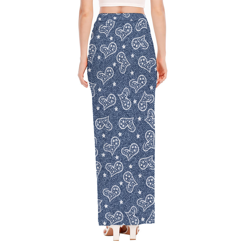 Heart And Star Denim Jeans Pattern Print High Slit Maxi Skirt