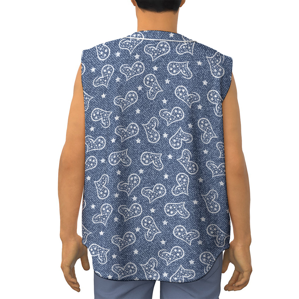 Heart And Star Denim Jeans Pattern Print Sleeveless Baseball Jersey