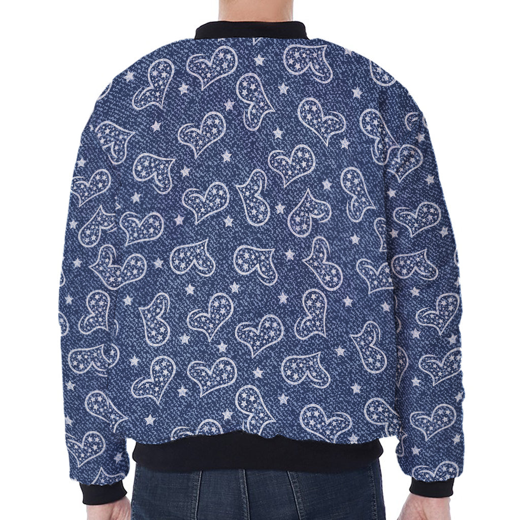 Heart And Star Denim Jeans Pattern Print Zip Sleeve Bomber Jacket