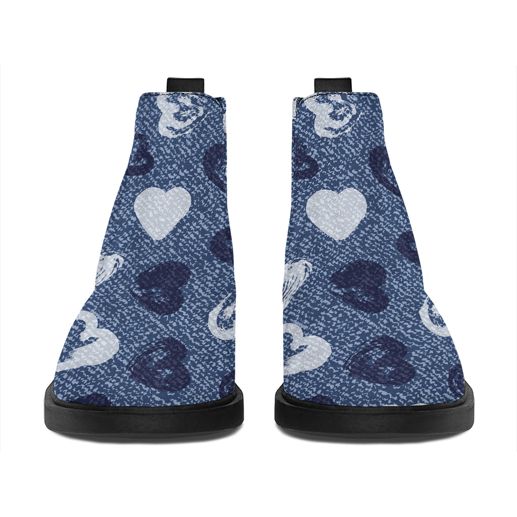 Heart Denim Jeans Pattern Print Flat Ankle Boots