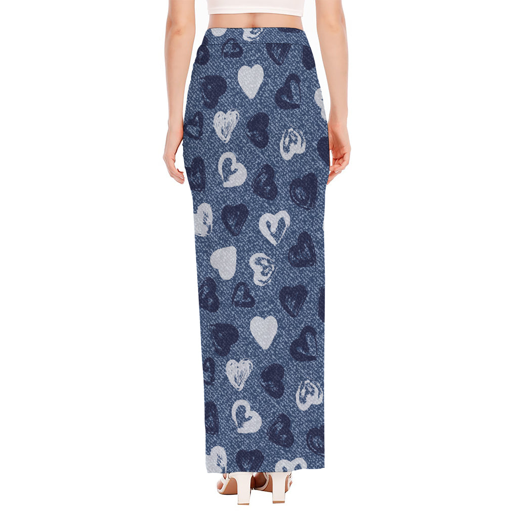 Heart Denim Jeans Pattern Print High Slit Maxi Skirt