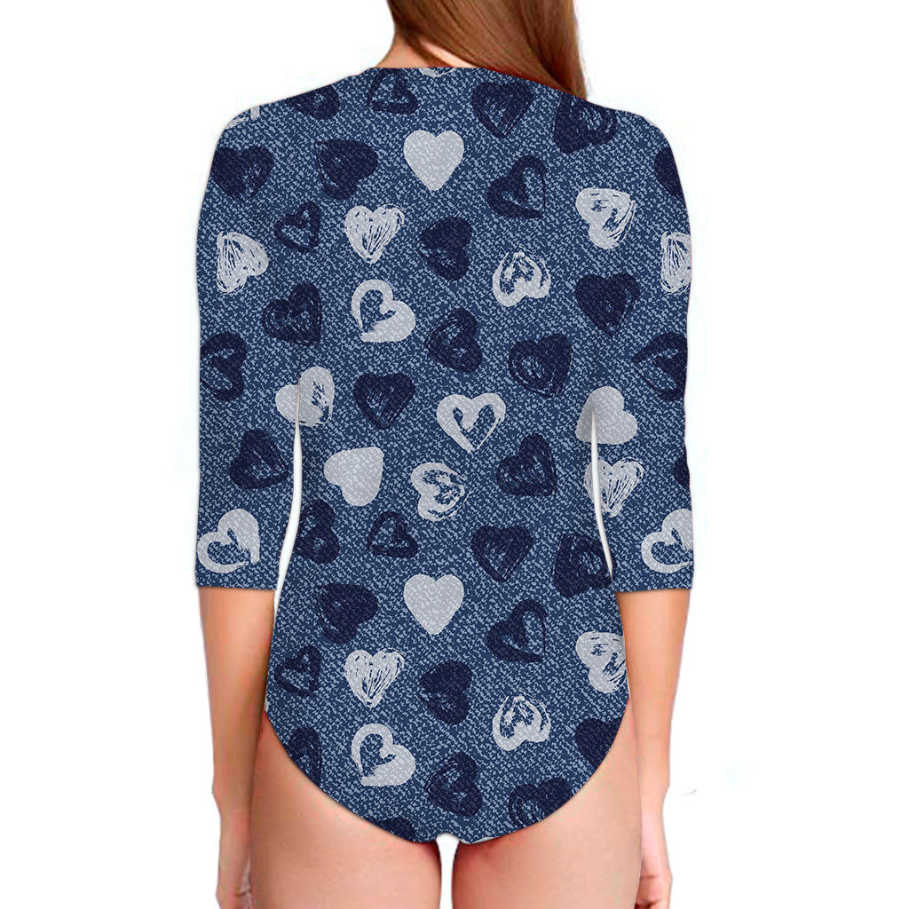 Heart Denim Jeans Pattern Print Long Sleeve Swimsuit
