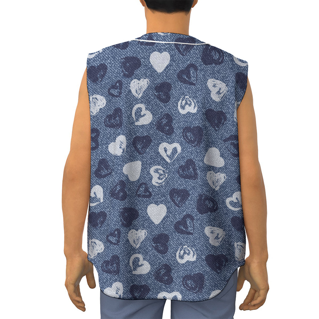 Heart Denim Jeans Pattern Print Sleeveless Baseball Jersey