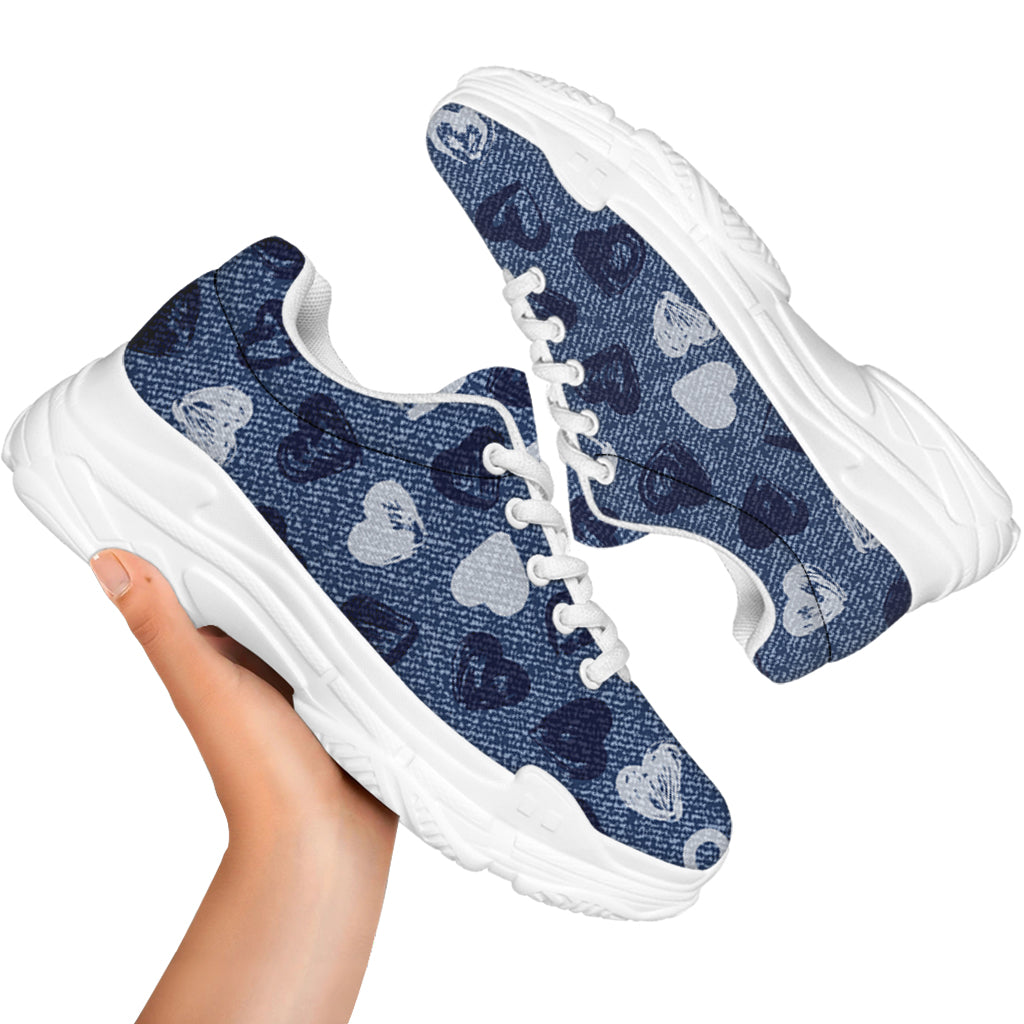 Heart Denim Jeans Pattern Print White Chunky Shoes