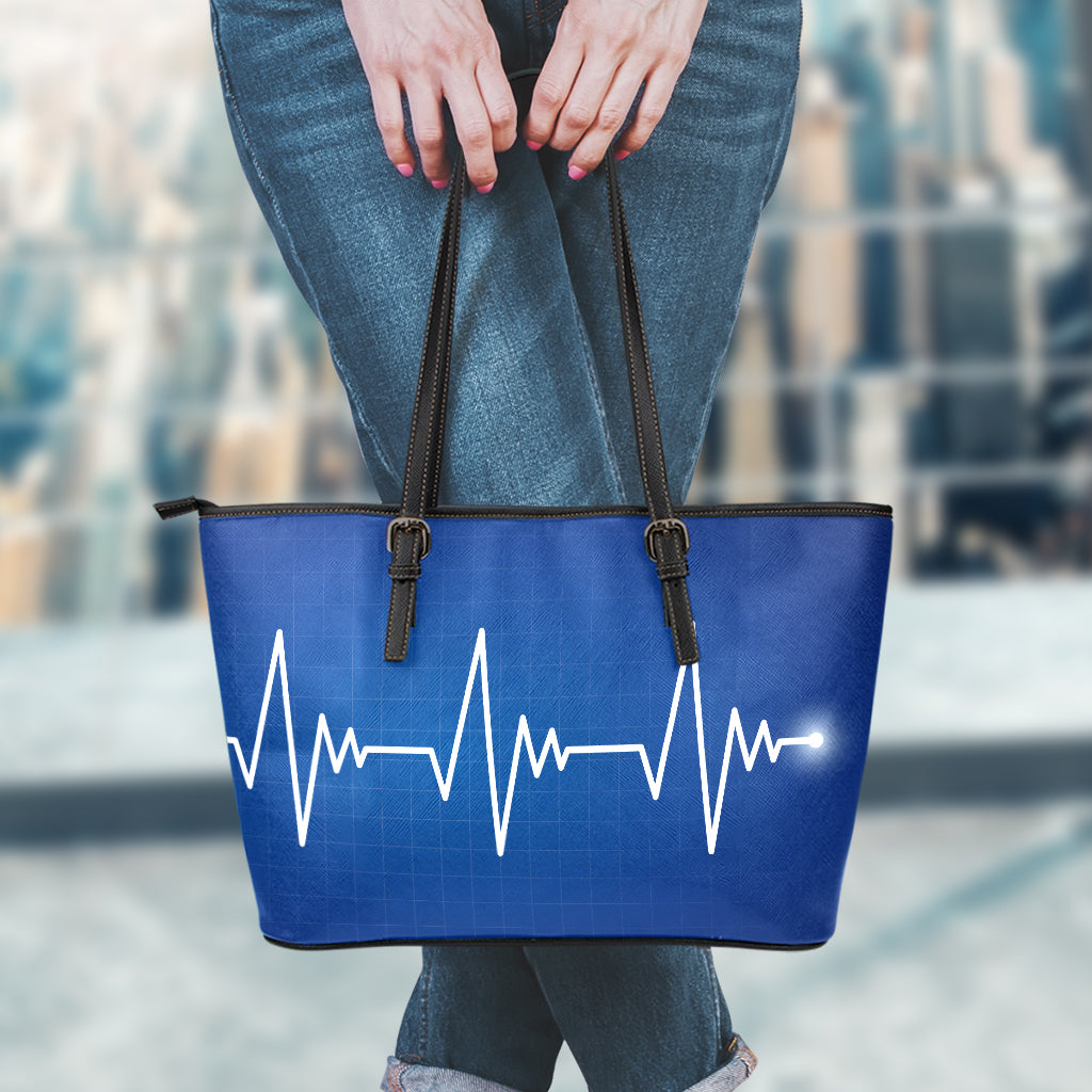 Heartbeat Cardiogram Print Leather Tote Bag