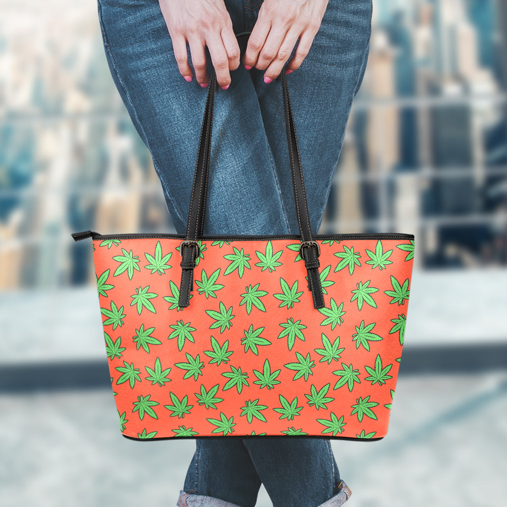 Hemp Leaf Pattern Print Leather Tote Bag