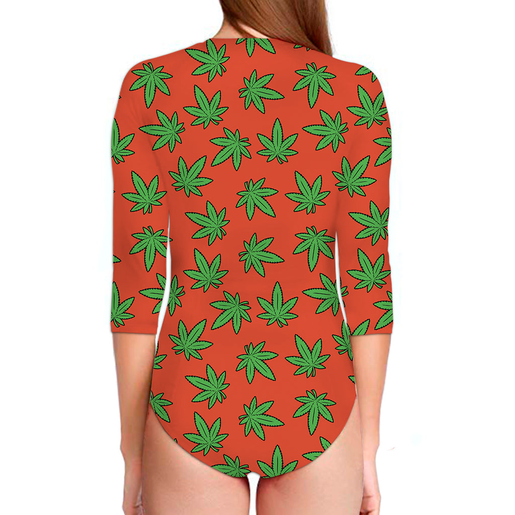Hemp Leaf Pattern Print Long Sleeve Swimsuit