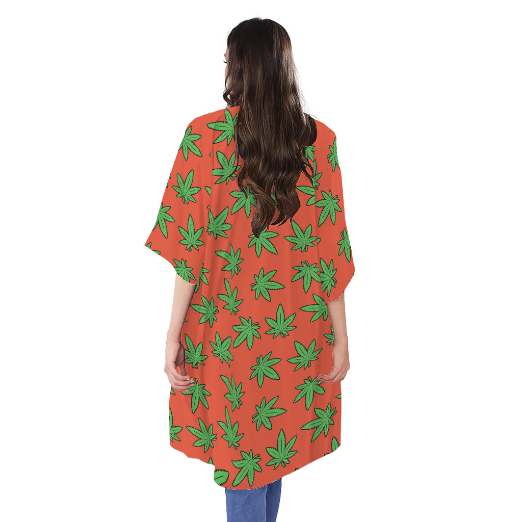 Hemp Leaf Pattern Print Open Front Beach Cover Up