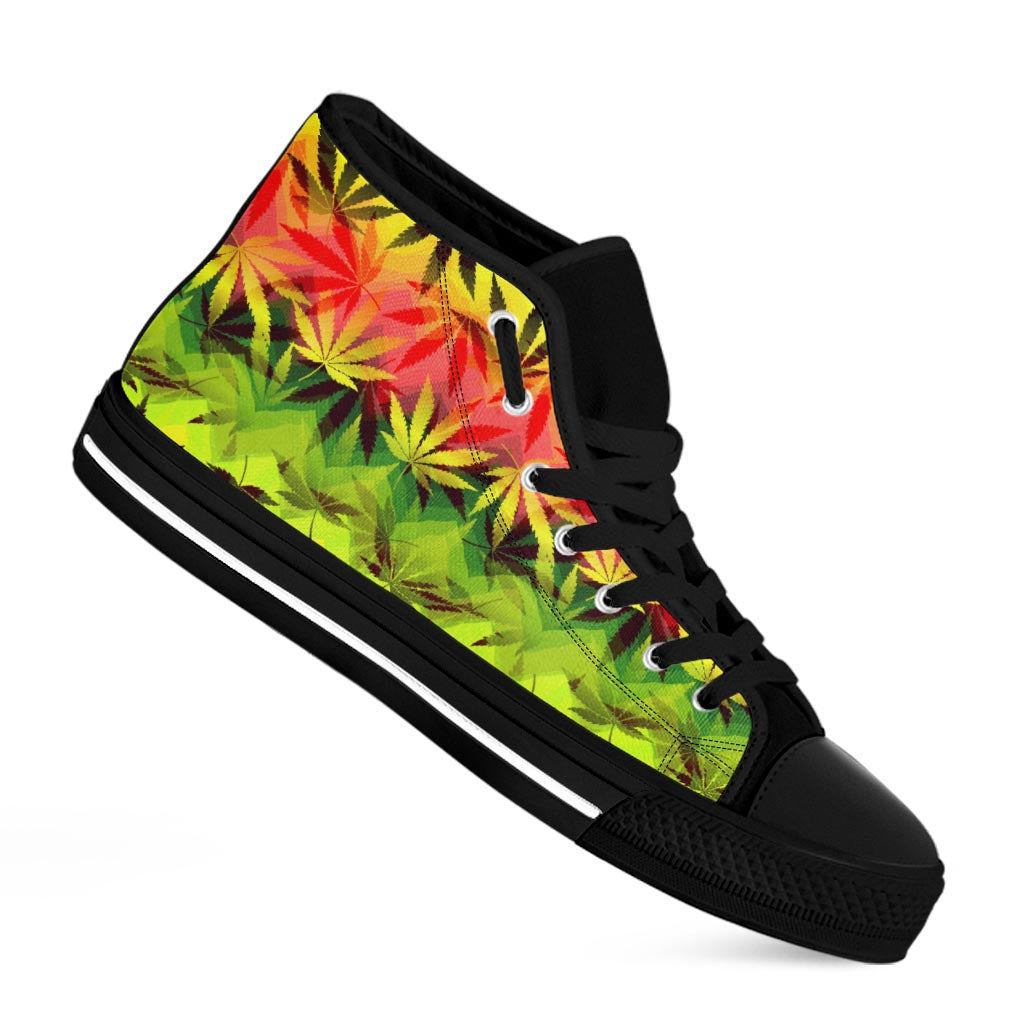 Hemp Leaf Reggae Pattern Print Black High Top Sneakers