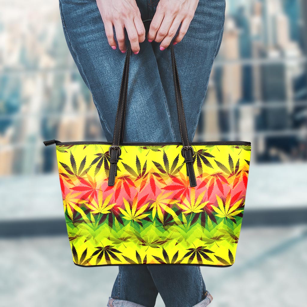 Hemp Leaf Reggae Pattern Print Leather Tote Bag