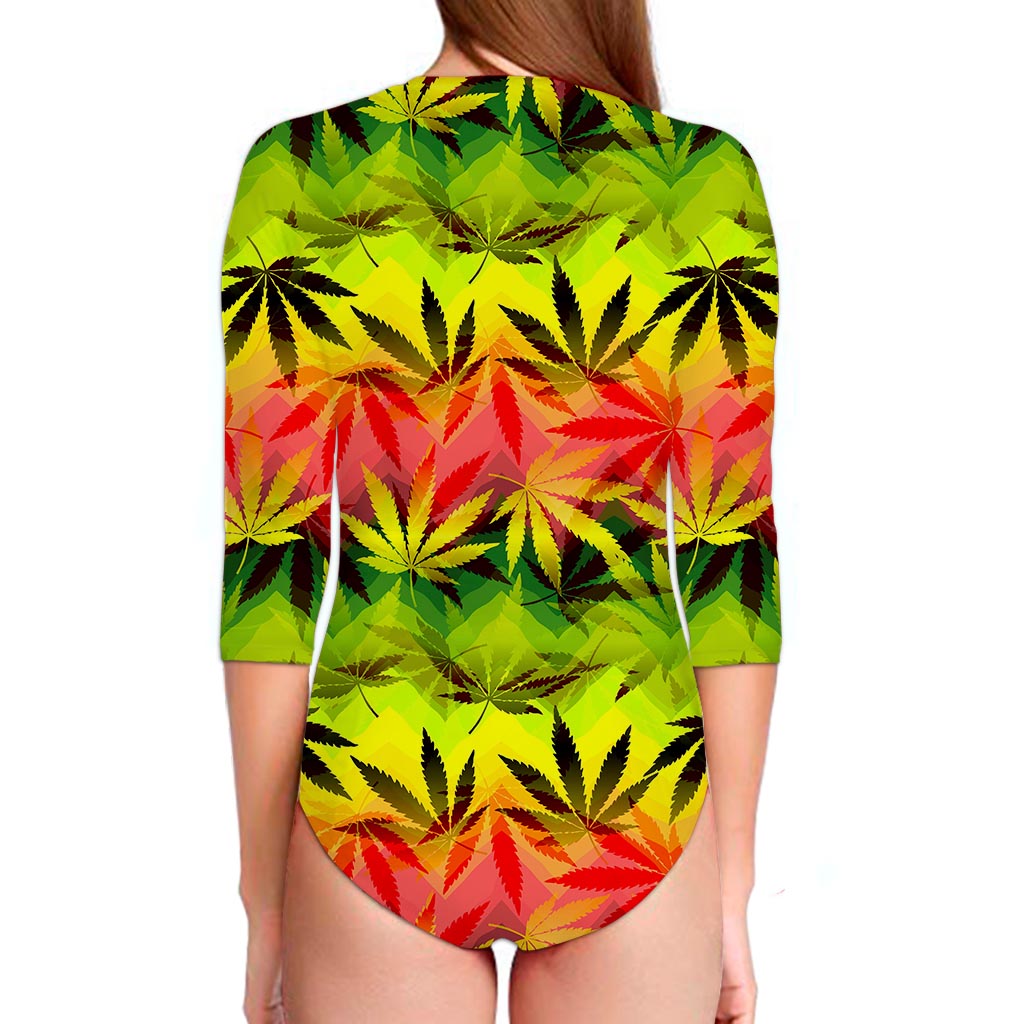 Hemp Leaf Reggae Pattern Print Long Sleeve Swimsuit