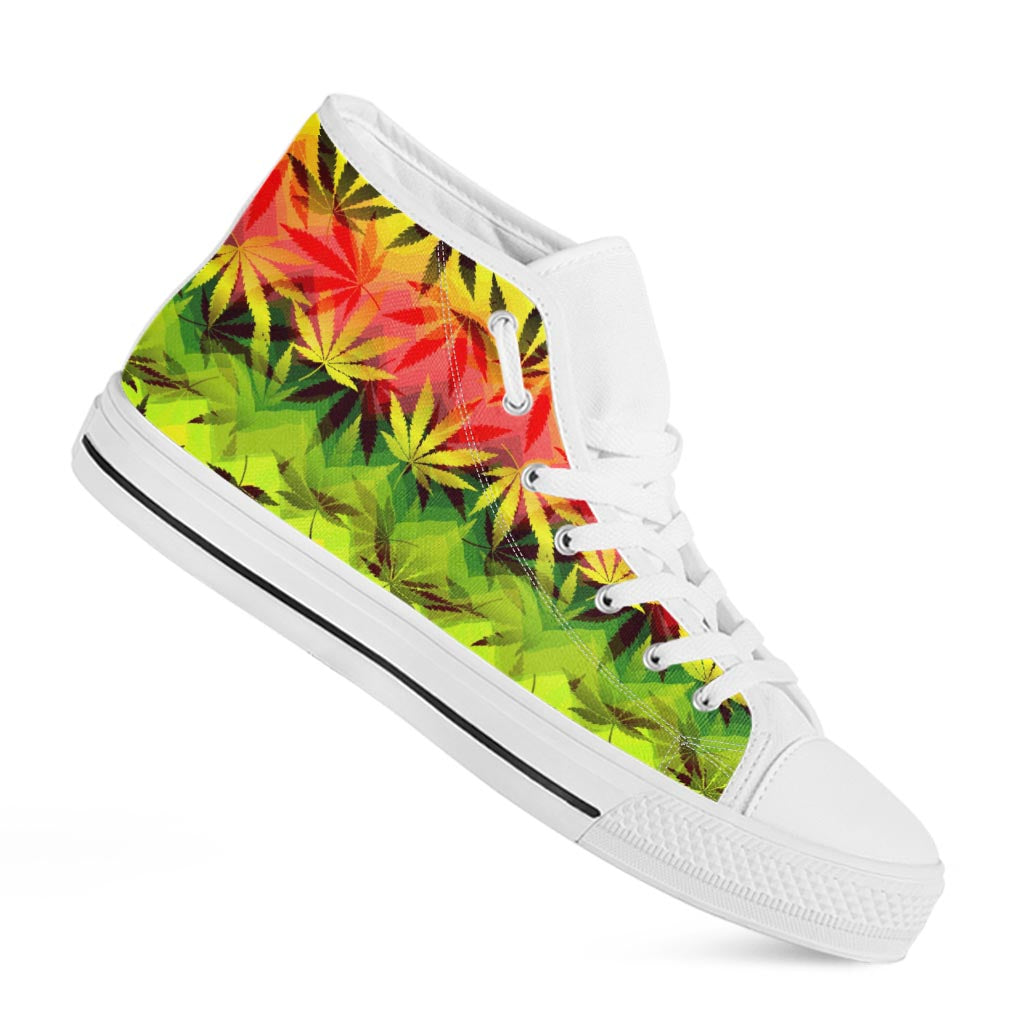 Hemp Leaf Reggae Pattern Print White High Top Sneakers