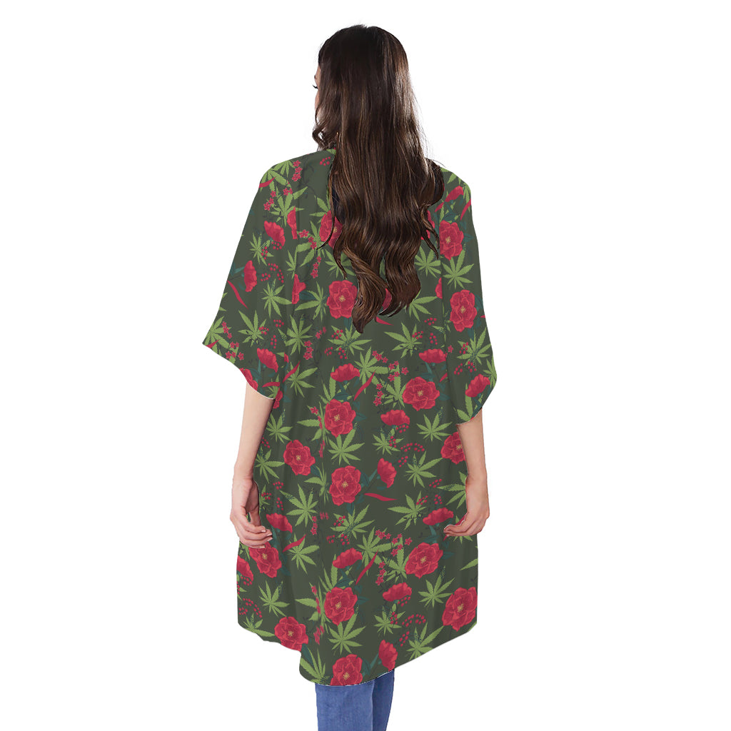 Hemp Leaves And Flowers Pattern Print Open Front Beach Cover Up