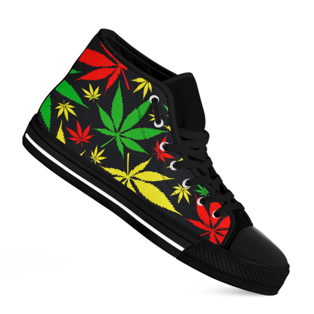 Hemp Leaves Reggae Pattern Print Black High Top Sneakers