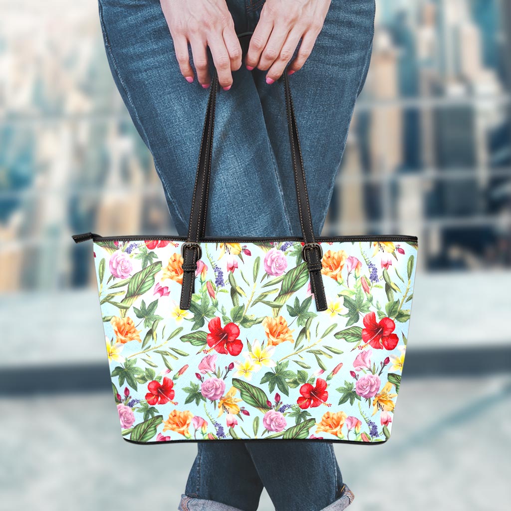 Hibiscus Flower Floral Pattern Print Leather Tote Bag
