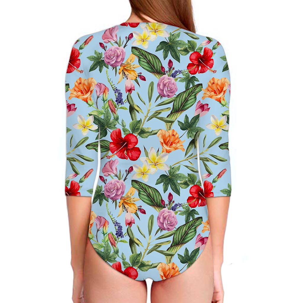 Hibiscus Flower Floral Pattern Print Long Sleeve Swimsuit