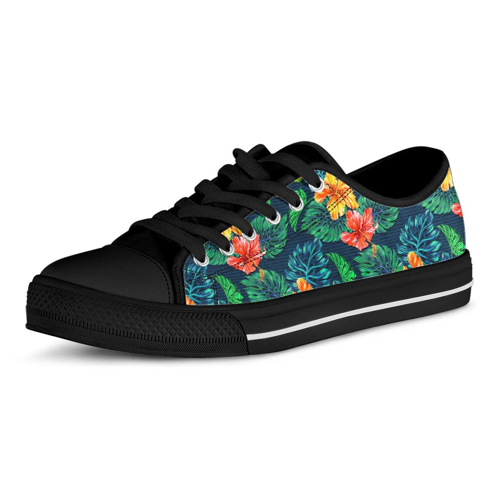 Hibiscus Monstera Hawaii Pattern Print Black Low Top Sneakers