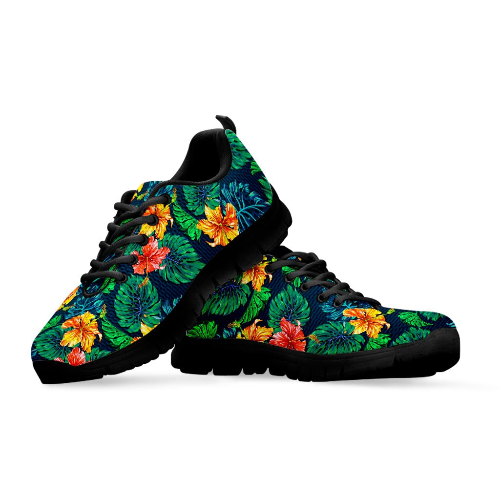 Hibiscus Monstera Hawaii Pattern Print Black Running Shoes