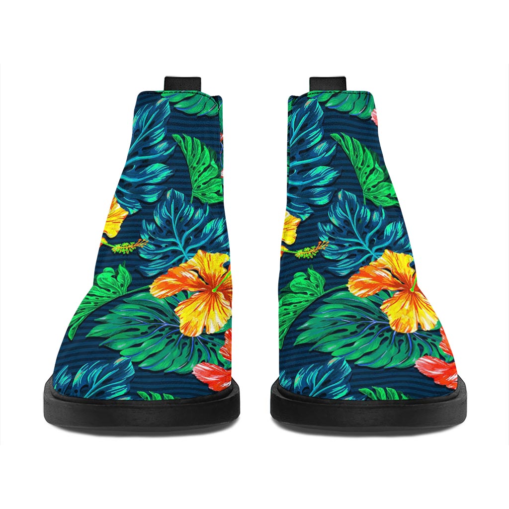 Hibiscus Monstera Hawaii Pattern Print Flat Ankle Boots