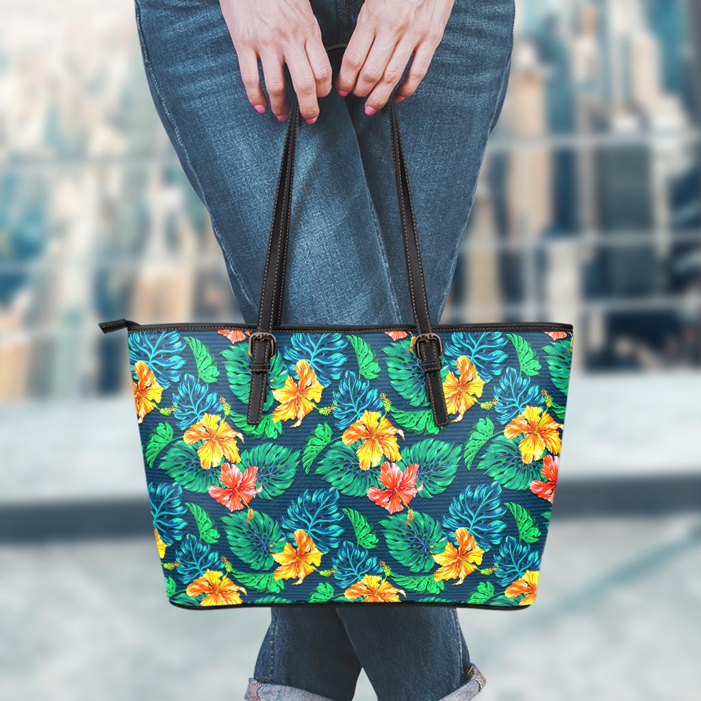 Hibiscus Monstera Hawaii Pattern Print Leather Tote Bag