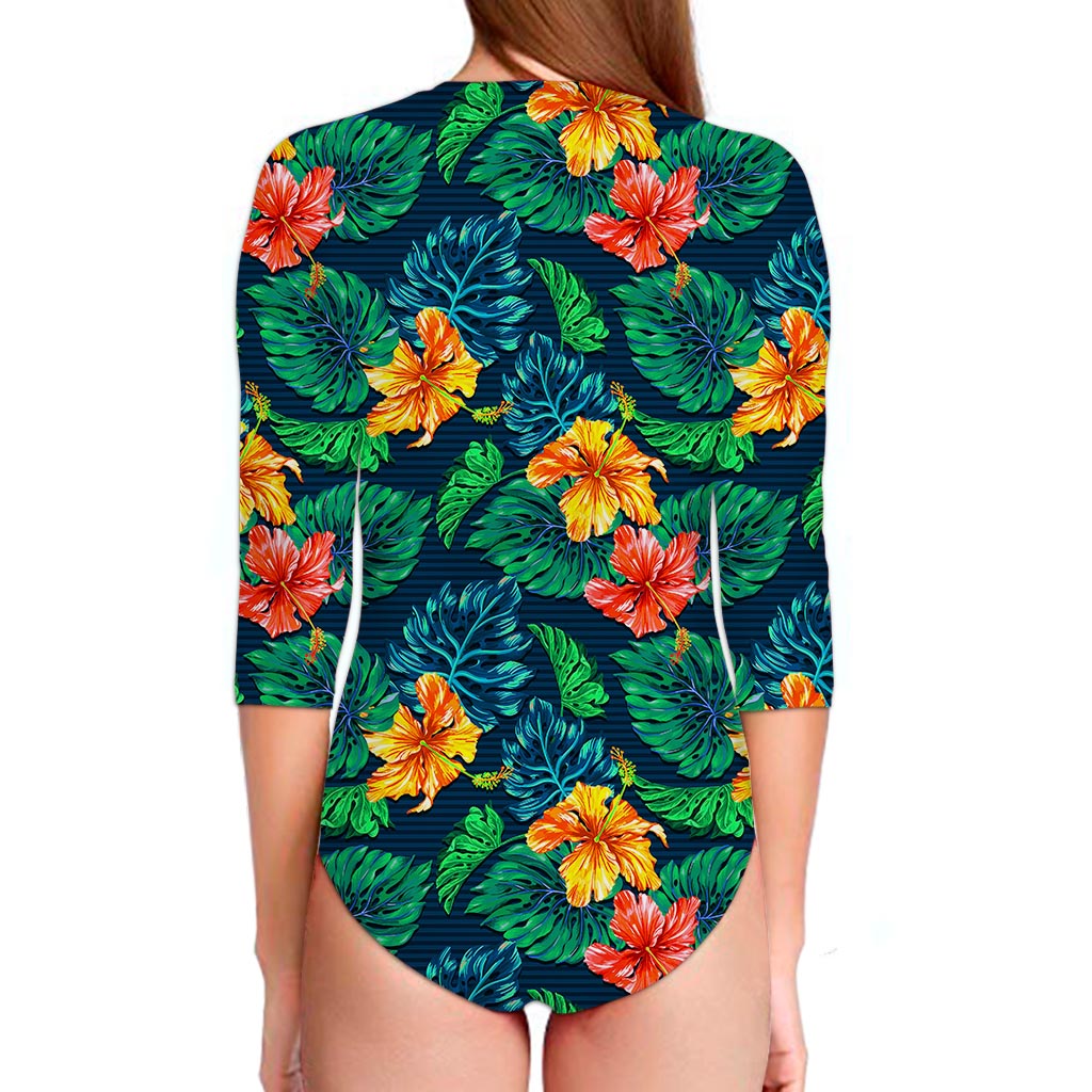 Hibiscus Monstera Hawaii Pattern Print Long Sleeve Swimsuit