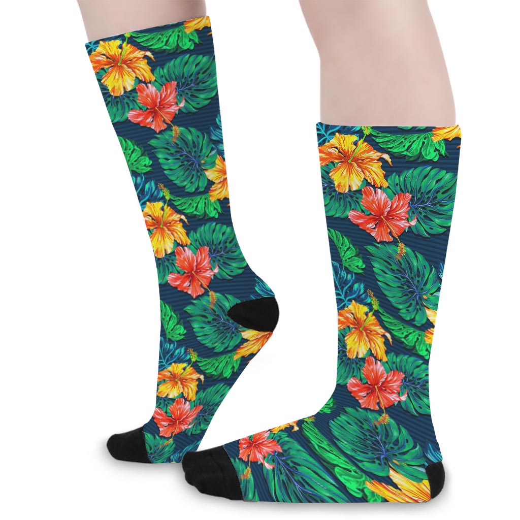 Hibiscus Monstera Hawaii Pattern Print Long Socks