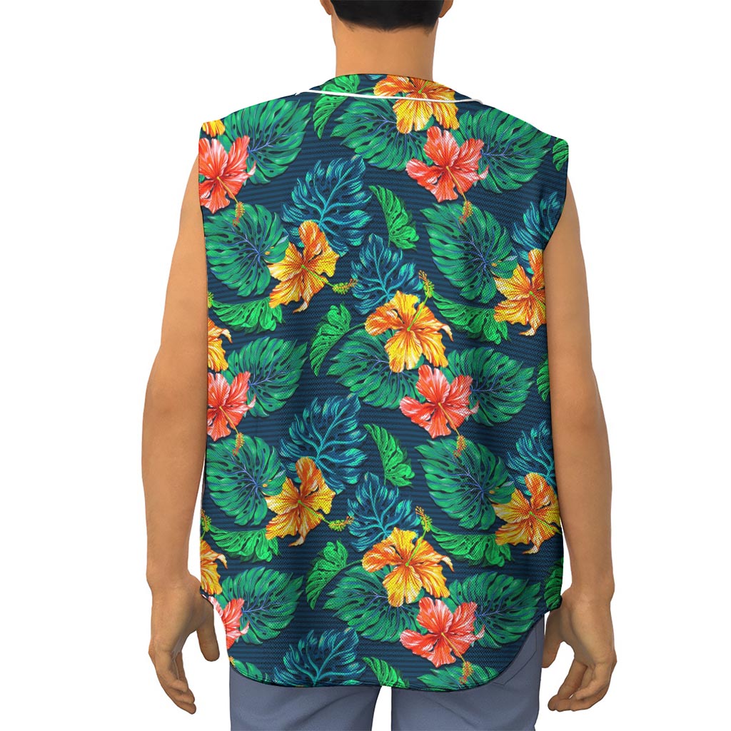 Hibiscus Monstera Hawaii Pattern Print Sleeveless Baseball Jersey