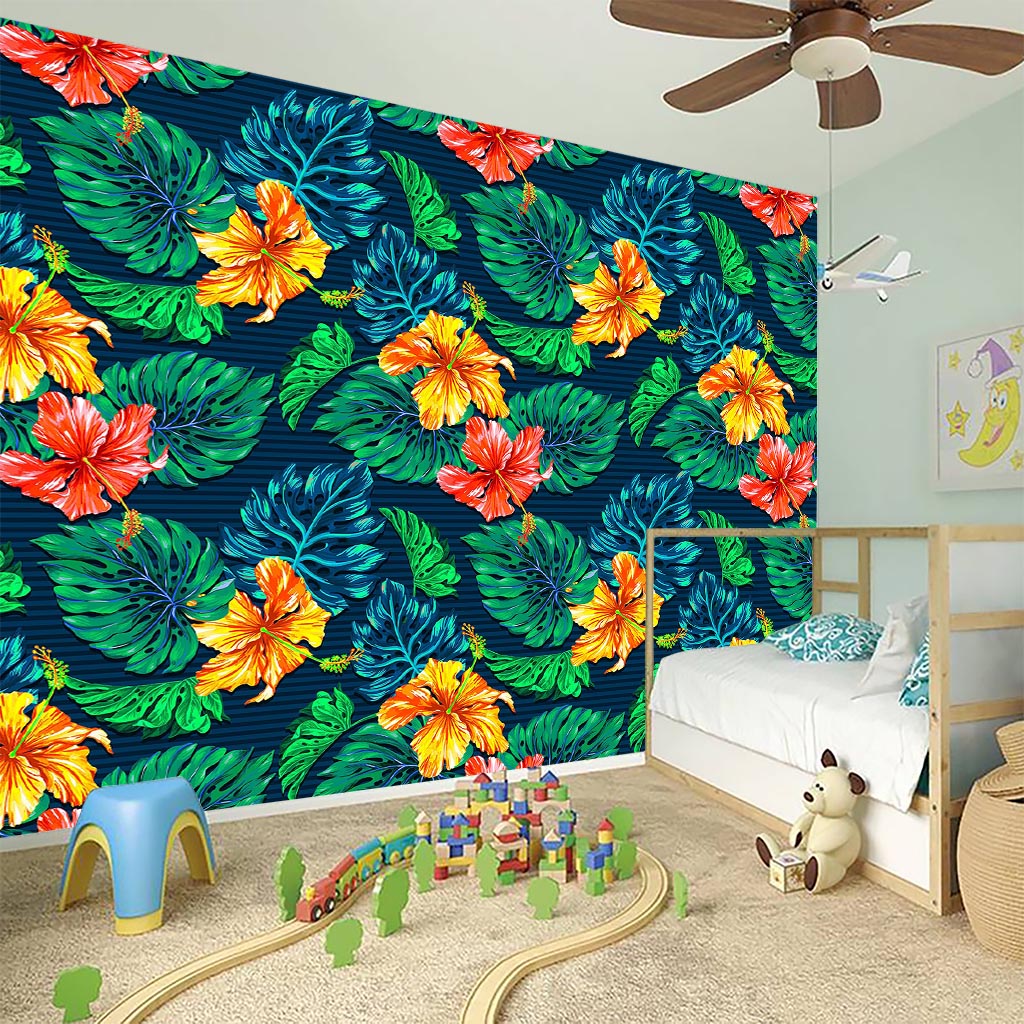 Hibiscus Monstera Hawaii Pattern Print Wall Sticker