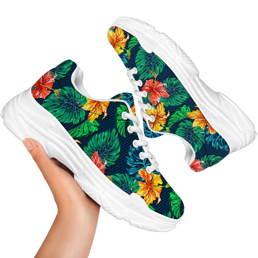 Hibiscus Monstera Hawaii Pattern Print White Chunky Shoes