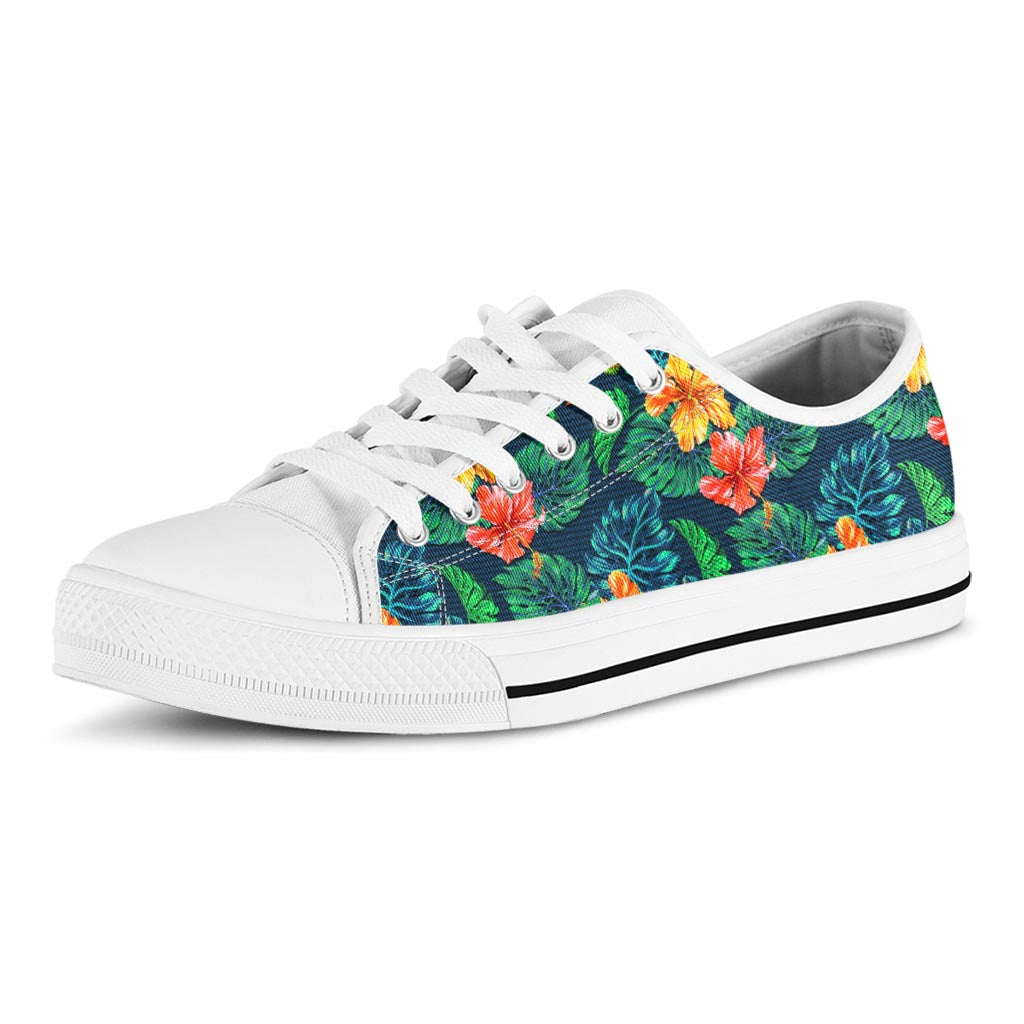 Hibiscus Monstera Hawaii Pattern Print White Low Top Sneakers