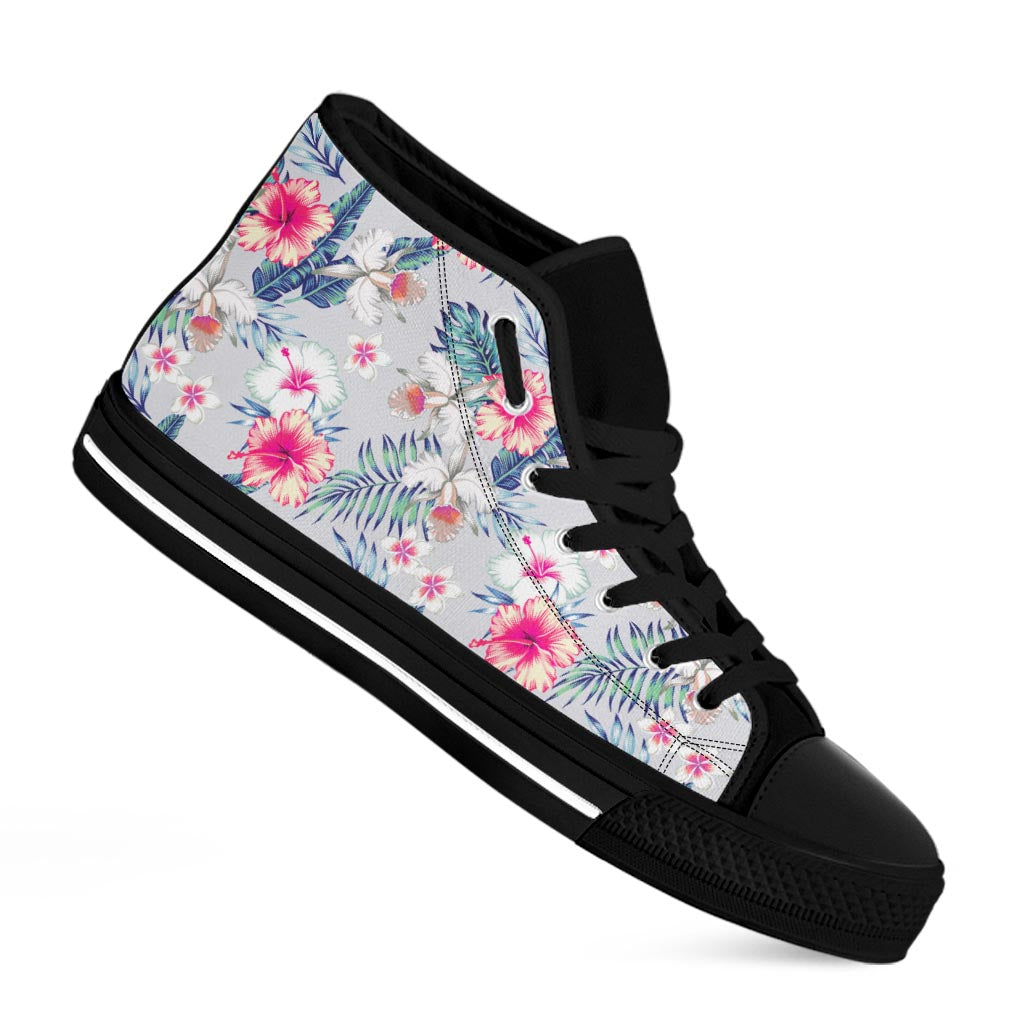 Hibiscus Orchids Hawaii Pattern Print Black High Top Sneakers