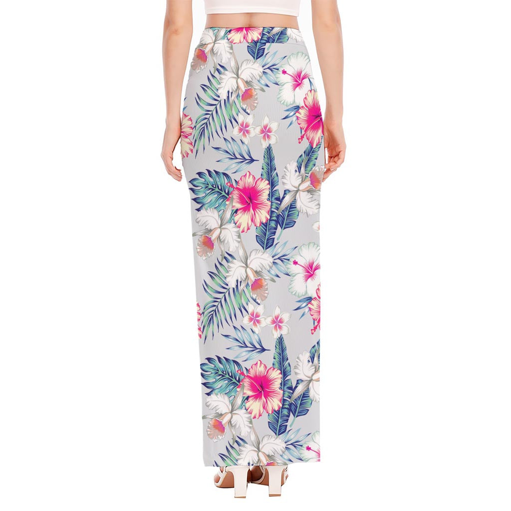 Hibiscus Orchids Hawaii Pattern Print High Slit Maxi Skirt