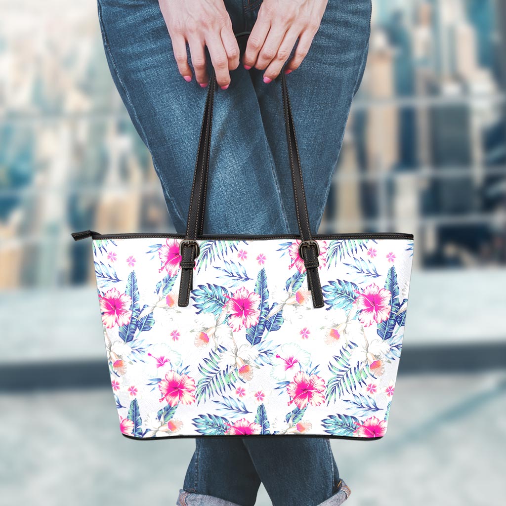 Hibiscus Orchids Hawaii Pattern Print Leather Tote Bag