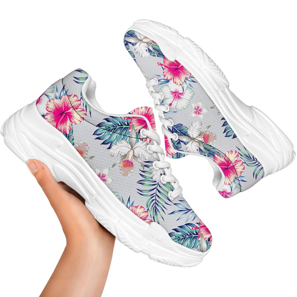 Hibiscus Orchids Hawaii Pattern Print White Chunky Shoes