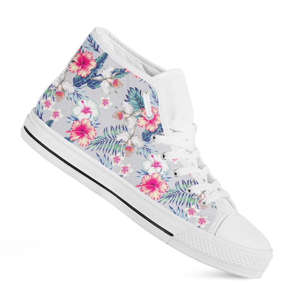 Hibiscus Orchids Hawaii Pattern Print White High Top Sneakers