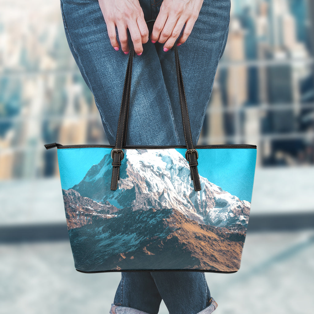 Himalaya Mountain Print Leather Tote Bag