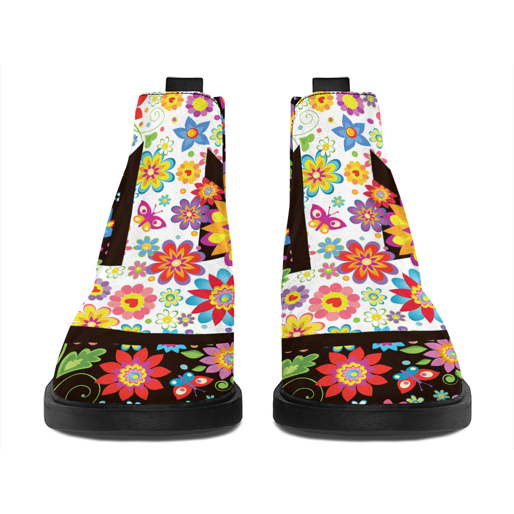 Hippie Flower Peace Sign Print Flat Ankle Boots