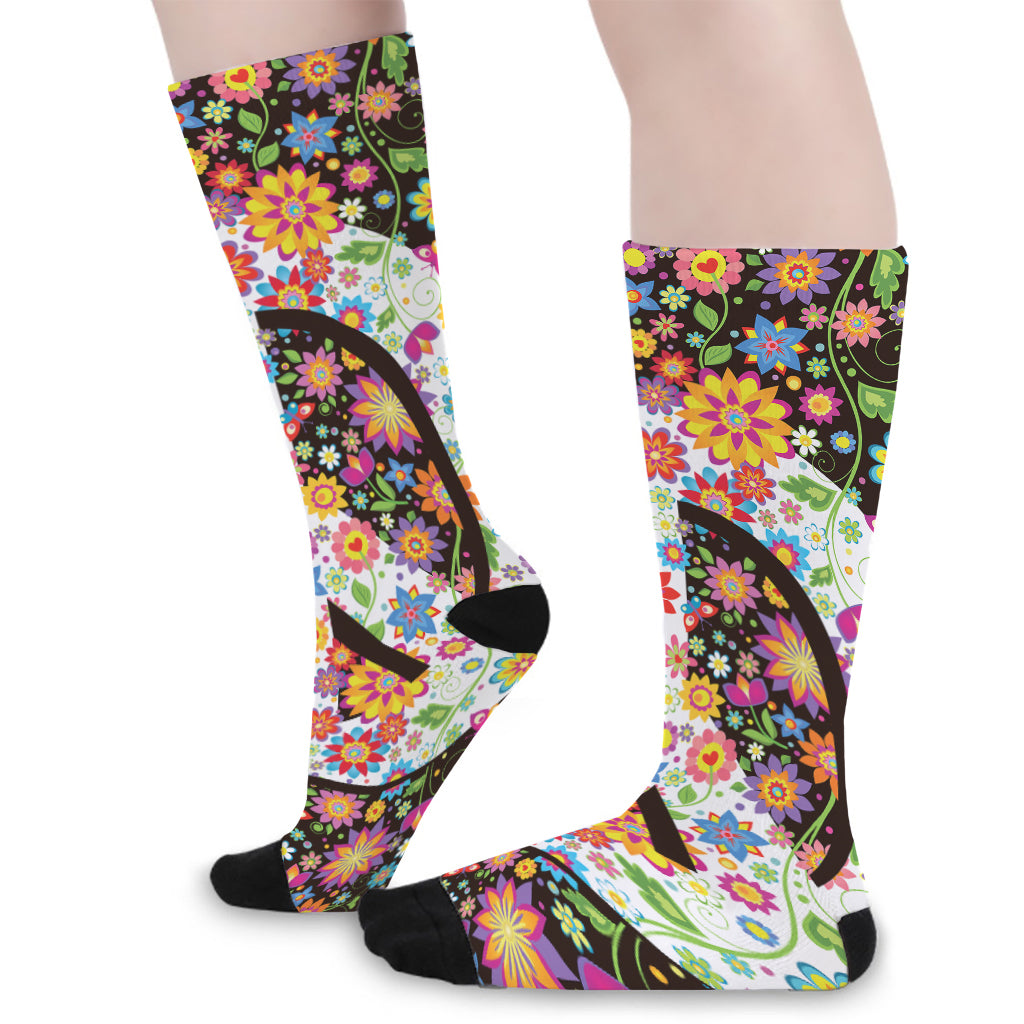 Hippie Flower Peace Sign Print Long Socks