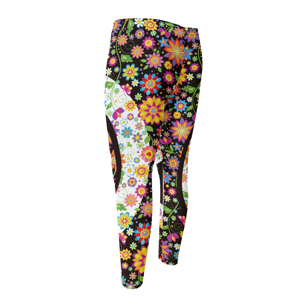 Hippie Flower Peace Sign Print Men's Compression Pants