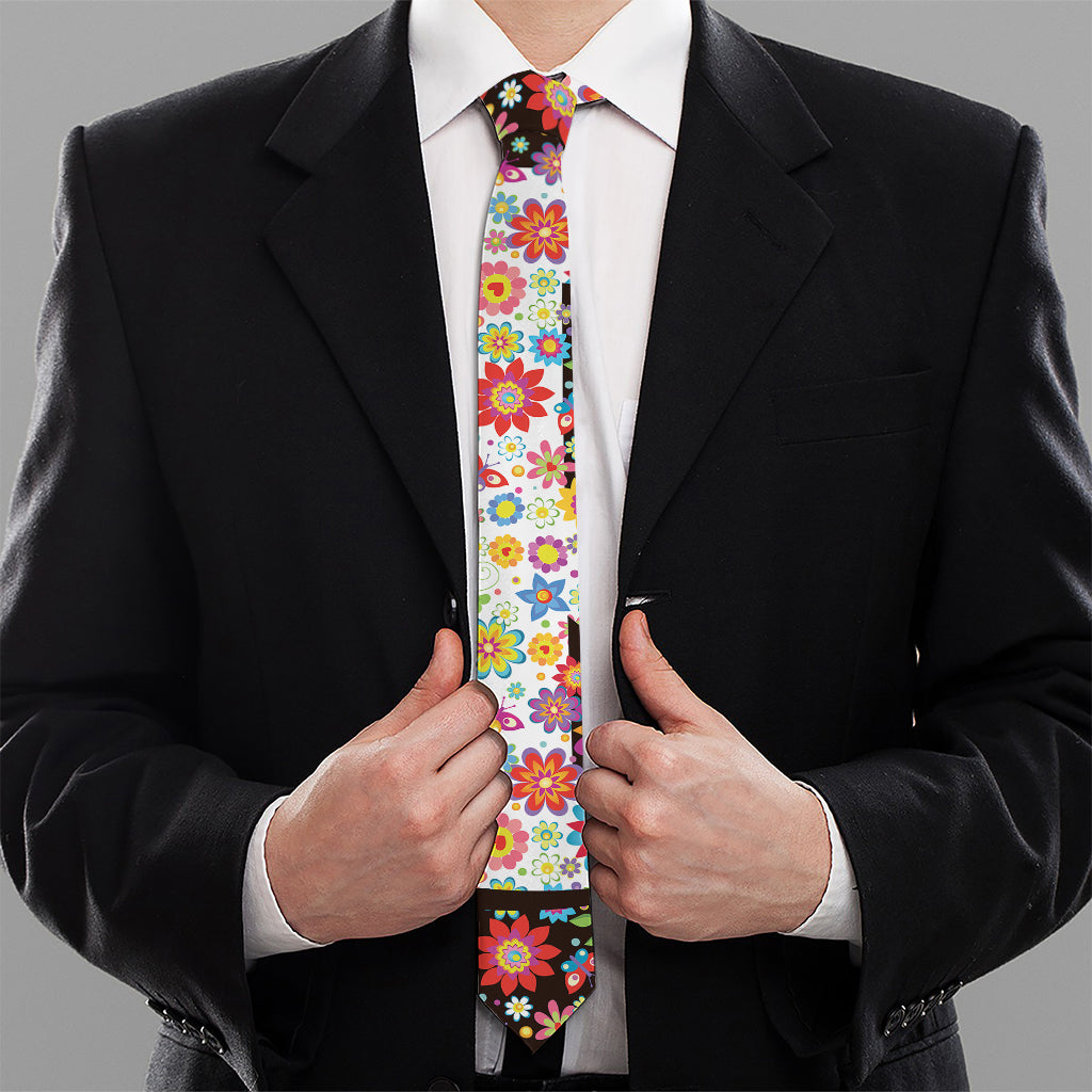 Hippie Flower Peace Sign Print Necktie