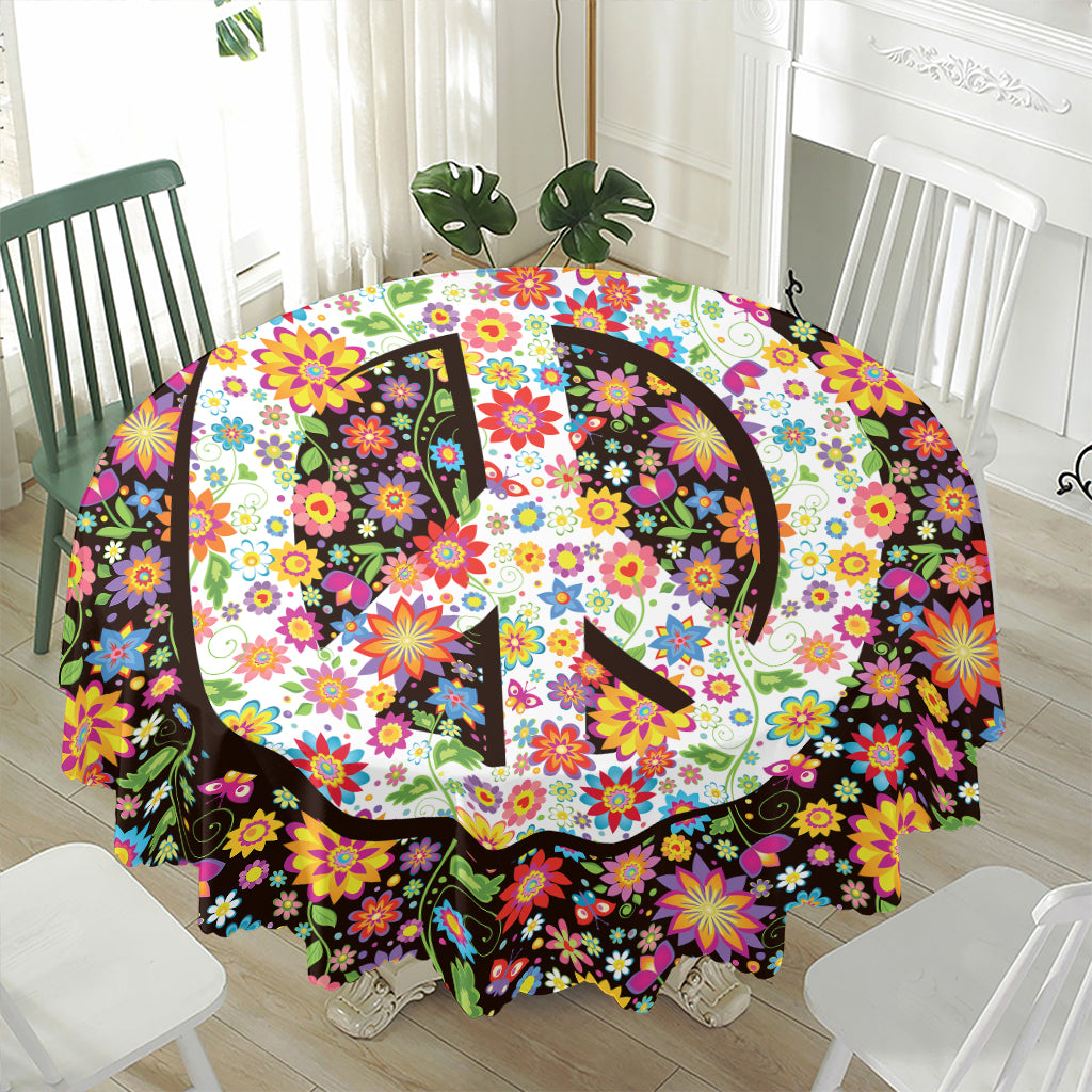 Hippie Flower Peace Sign Print Waterproof Round Tablecloth