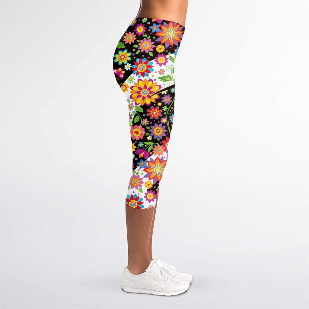 Hippie Flower Peace Sign Print Women's Capri Leggings
