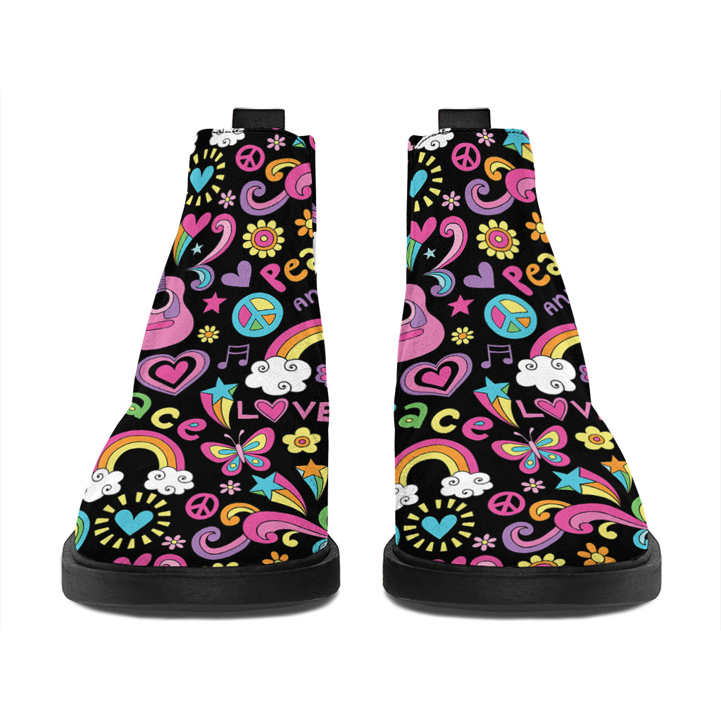 Hippie Peace Sign And Love Pattern Print Flat Ankle Boots