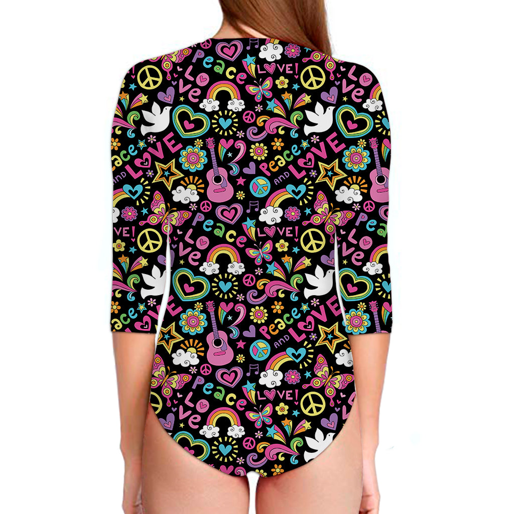 Hippie Peace Sign And Love Pattern Print Long Sleeve Swimsuit
