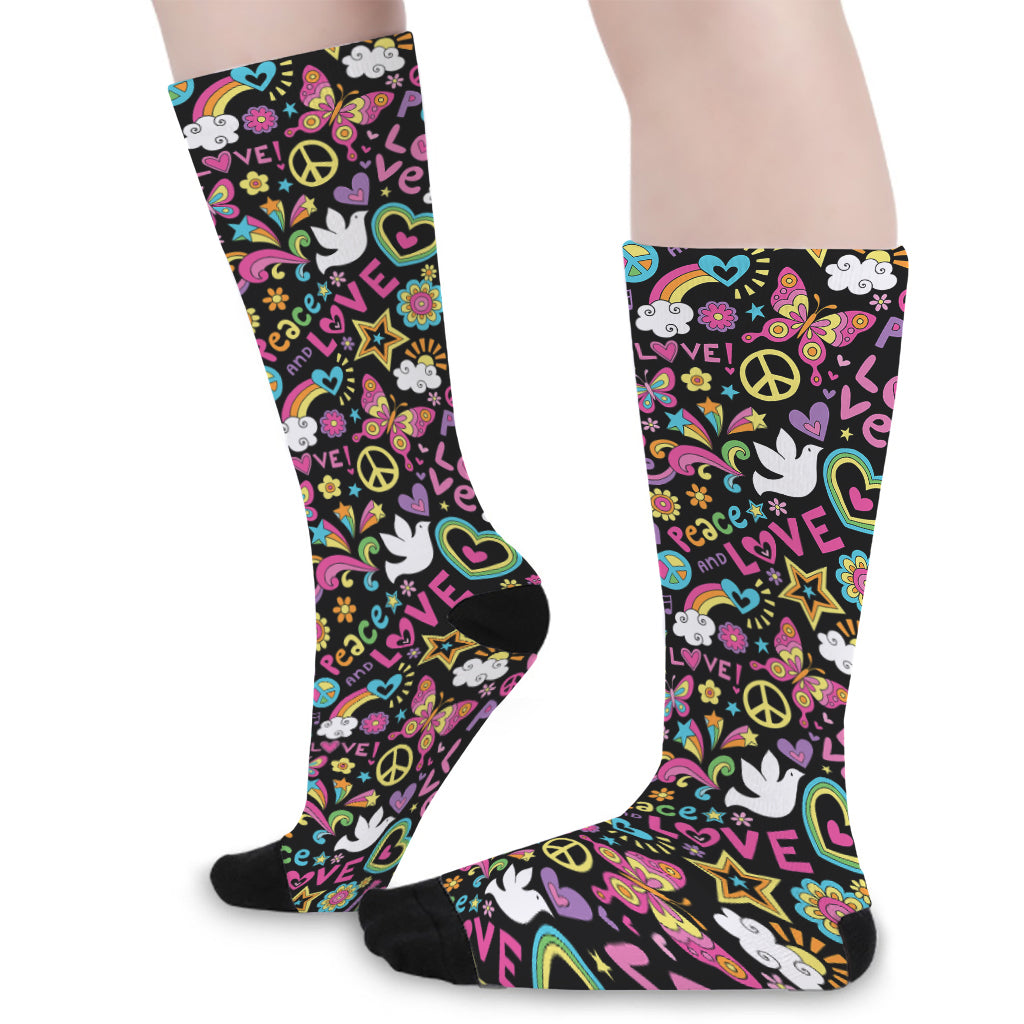 Hippie Peace Sign And Love Pattern Print Long Socks