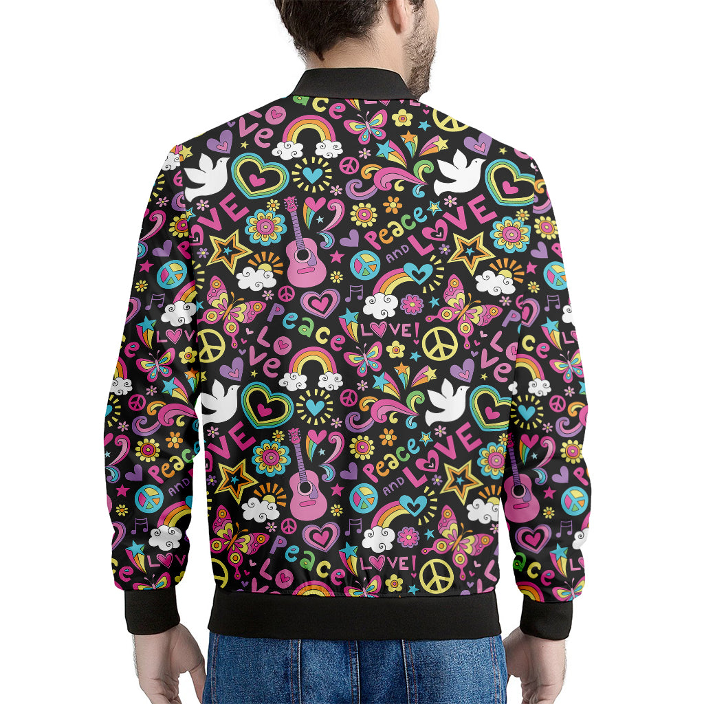Hippie Peace Sign And Love Pattern Print Men's Bomber Jacket