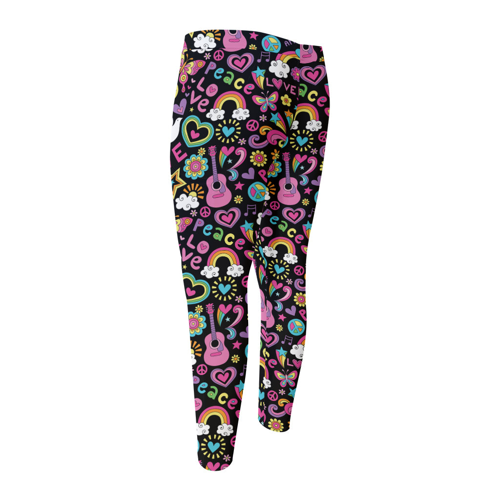 Hippie Peace Sign And Love Pattern Print Men's Compression Pants