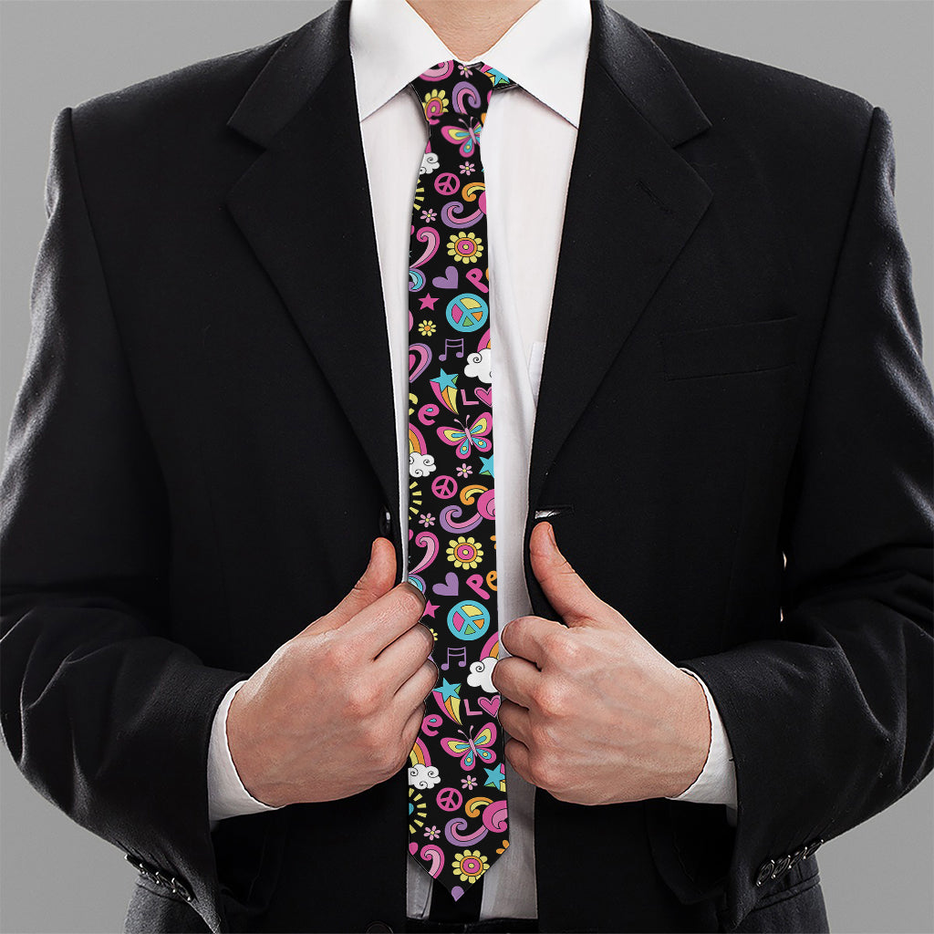Hippie Peace Sign And Love Pattern Print Necktie